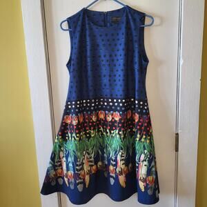 Gracia Floral Polka Dot Tulip Dress fit-and-flare silhouette blue background MED